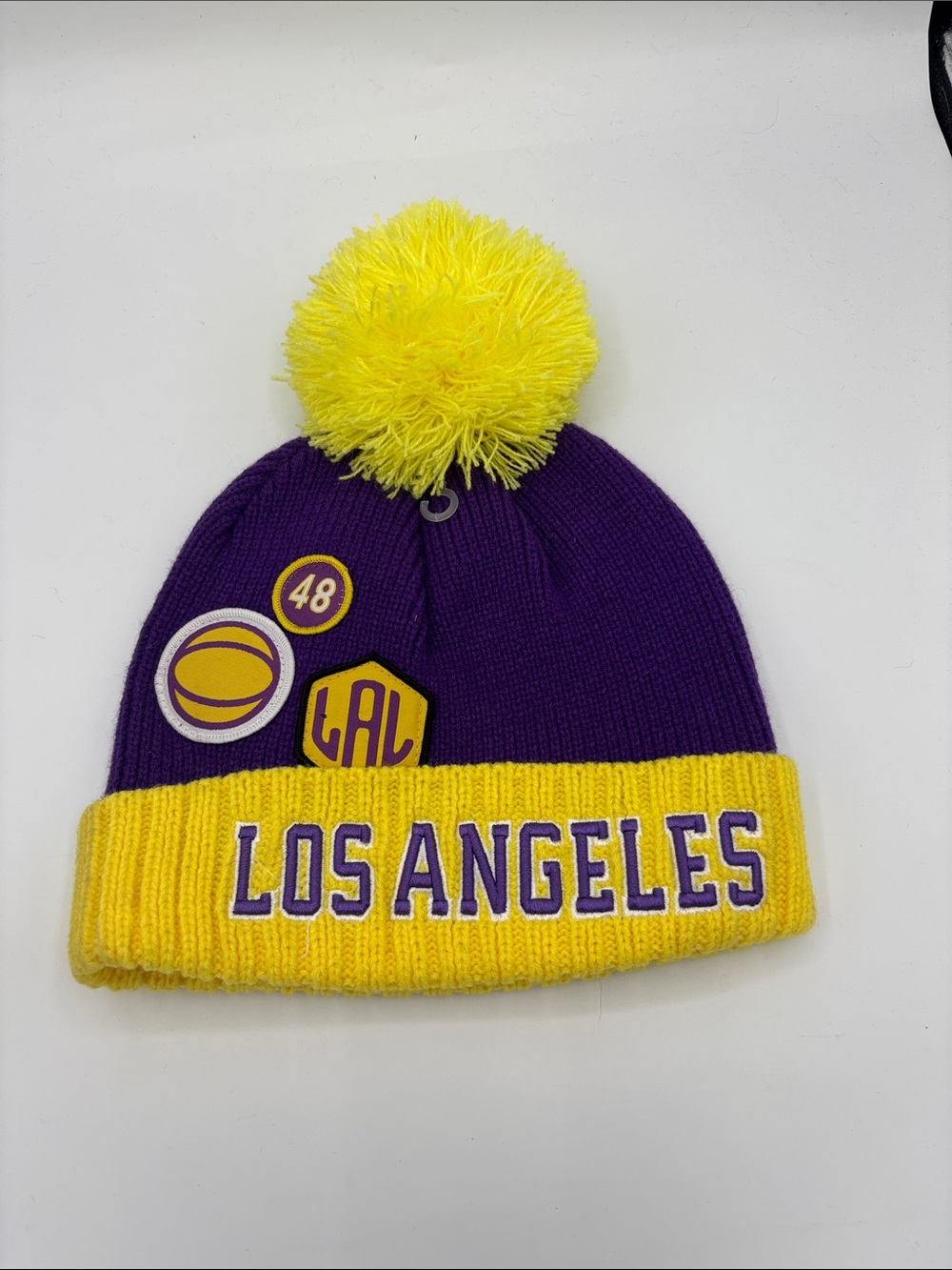 Los Angeles Lakers Patch Knit Purple & Yellow Pom Beanie